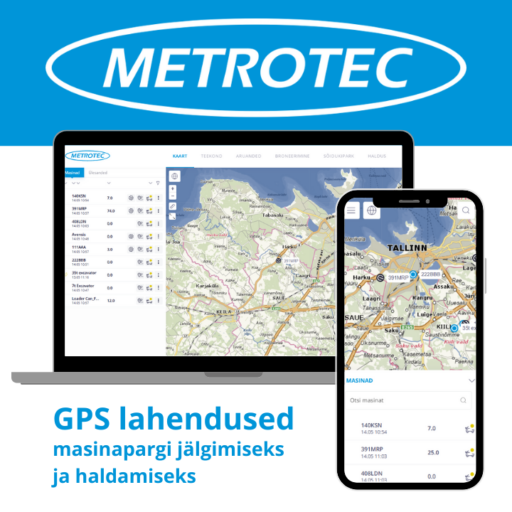 Metrotec logo ja arvuti ning telefonivaade Metrotec rakendusest lisaks kiri GPS lahendused masinapargi jälgimiseks ja haldamiseks